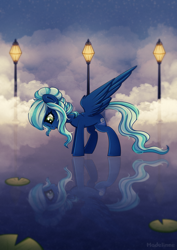 Size: 1852x2613 | Tagged: safe, artist:madelinne, oc, oc only, pegasus, pony, female, high res, lamp, lilypad, mare, reflection, solo, water