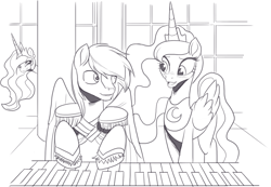 Size: 1316x909 | Tagged: safe, artist:nauyaco, princess celestia, princess luna, oc, alicorn, pegasus, pony, g4, female, male, mare, monochrome, musical instrument, piano, simple background, stallion, white background