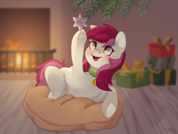 Size: 2232x1680 | Tagged: safe, artist:lissa, roseluck, pony, behaving like a cat, christmas, christmas gift, christmas tree, collar, commission, commissioner:doom9454, cute, holiday, pet tag, pillow, pony pet, rosepet, tree