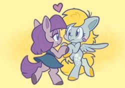 Size: 640x451 | Tagged: safe, artist:peekychu, artist:raystarkitty, derpy hooves, maud pie, earth pony, pegasus, semi-anthro, bandaid, derpmaud, duo, female, heart, lesbian, shipping, smiling, when she smiles