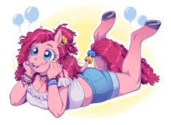 Size: 1748x1280 | Tagged: safe, artist:allegedratmonster, pinkie pie, anthro, unguligrade anthro, alternate hairstyle, bracelet, breasts, choker, cleavage, clothes, ear piercing, earring, female, horseshoes, jewelry, lying down, nose piercing, nose ring, piercing, prone, scrunchie, shorts, smiling, solo, supporting head, the pose