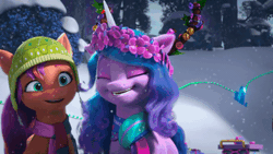 Size: 600x338 | Tagged: safe, screencap, izzy moonbow, sunny starscout, earth pony, pony, unicorn, g5, my little pony: make your mark, my little pony: make your mark chapter 3, winter wishday, spoiler:g5, spoiler:winter wishday, animated, clothes, duo, female, floral head wreath, flower, gif, hat, mane stripe sunny, mare, scarf, snow, snowfall, winter hat