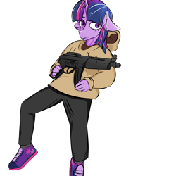Size: 2000x2000 | Tagged: safe, artist:wata, twilight sparkle, unicorn, anthro, g4, clothes, equine, floppy ears, gun, high res, hoodie, meme, shoes, simple background, sneakers, solo, transparent background, unicorn twilight, weapon