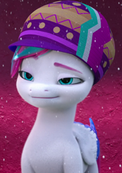 Size: 762x1080 | Tagged: safe, screencap, zipp storm, pegasus, pony, g5, my little pony: make your mark, my little pony: make your mark chapter 3, winter wishday, spoiler:g5, spoiler:winter wishday, cropped, female, hat, mare, snow, snowfall, solo