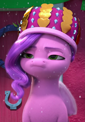 Size: 715x1021 | Tagged: safe, screencap, pipp petals, pegasus, pony, g5, my little pony: make your mark, my little pony: make your mark chapter 3, winter wishday, spoiler:g5, spoiler:winter wishday, cropped, female, hat, mare, pipp petals is not amused, snow, snowfall, solo, unamused