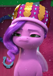 Size: 715x1021 | Tagged: safe, screencap, pipp petals, pegasus, pony, g5, my little pony: make your mark, winter wishday, spoiler:g5, cropped, female, hat, mare, pipp petals is not amused, snow, snowfall, solo, unamused