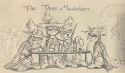 Size: 2720x1600 | Tagged: safe, artist:cdrspark, earth pony, pony, unicorn, feather, female, group, hat, monochrome, musketeer, pencil drawing, ponified, rule 63, the three musketeers, traditional art