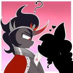 Size: 3000x3000 | Tagged: safe, artist:dragonpone, derpibooru exclusive, king sombra, oc, oc:vantablack, earth pony, pony, unicorn, the crystal empire 10th anniversary, g4, confused, duo, duo male and female, envelope, female, floating heart, heart, high res, infatuation, jewelry, letter, looking at each other, looking at someone, love letter, male, mare, mouth hold, passepartout, question mark, regalia, stallion, sweat, sweatdrop
