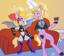 Size: 2273x2000 | Tagged: safe, artist:jitterbugjive, oc, oc:batty bliss, bat pony, pony, unicorn, cake, cake slice, couch, drugs, food, high res, tongue out