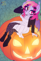 Size: 1500x2200 | Tagged: safe, artist:jitterbugjive, oc, oc only, oc:batty bliss, bat pony, anthro, chucky, halloween, holiday, jack-o-lantern, pumpkin, solo, tiffany valentine