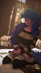Size: 2160x3840 | Tagged: safe, artist:laylahorizonsfm, izzy moonbow, unicorn, anthro, g4, g5, 3d, clothes, female, g5 to g4, generation leap, glasses, high res, kneeling, long hair, long mane, looking at you, morning, mug, socks, solo, source filmmaker, sweater, thigh highs