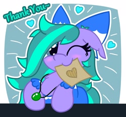 Size: 1778x1652 | Tagged: safe, artist:silvaqular, oc, oc only, oc:cyanette, earth pony, pony, bow, clothes, cute, dress, female, hair bow, happy, jewelry, looking at you, mare, necklace, one eye closed, solo, thank you, wink