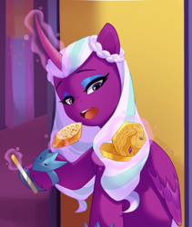 Size: 2529x2992 | Tagged: safe, artist:maren, opaline, alicorn, pony, g5, my little pony: make your mark, spoiler:g5, spoiler:my little pony: make your mark, bread, eyebrows, eyeshadow, folded wings, food, garlic, garlic bread, glowing, glowing horn, herbivore, high res, hoof file, horn, magic, magic aura, makeup, mirror, nail file, open mouth, raised hoof, signature, sitting, solo, telekinesis, wings