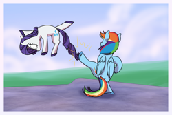 Size: 1800x1200 | Tagged: safe, artist:thescornfulreptilian, rainbow dash, rarity, pegasus, pony, unicorn, g4, abuse, backwards cutie mark, begone thot, bipedal, kicking, rainbow douche, raribuse, this will end in pain, this will end in tears, this will not end well