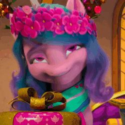 Size: 1080x1080 | Tagged: safe, screencap, izzy moonbow, pegasus, pony, unicorn, g5, my little pony: make your mark, my little pony: make your mark chapter 3, winter wishday, spoiler:g5, spoiler:winter wishday, animated, cropped, female, floral head wreath, flower, laughing, mare, offscreen character, present, solo, sound, webm