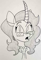 Size: 651x948 | Tagged: safe, artist:spoopygirl, oleander (tfh), classical unicorn, pony, unicorn, them's fightin' herds, clothes, cloven hooves, community related, glasses, horn, leonine tail, lineart, pencil shading, scarf, tfh oc, traditional art, unshorn fetlocks