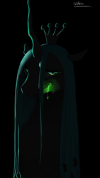 Size: 2160x3840 | Tagged: safe, artist:felfox, queen chrysalis, changeling, changeling queen, g4, black background, drool, female, glow in the dark, glowing, high res, lidded eyes, looking at you, signature, simple background, smiling, solo