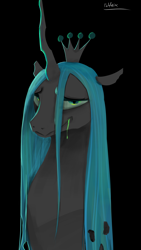 Size: 2160x3840 | Tagged: safe, alternate version, artist:felfox, queen chrysalis, changeling, changeling queen, g4, black background, drool, female, high res, lidded eyes, looking at you, signature, simple background, smiling, solo
