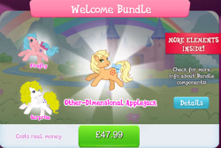 Size: 1280x858 | Tagged: safe, gameloft, idw, applejack (g1), firefly, surprise, earth pony, pegasus, pony, g1, g4, my little pony: magic princess, bow, bundle, collection, costs real money, english, female, group, horn, idw showified, mare, numbers, river, spread wings, stream, tail, tail bow, text, water, wings