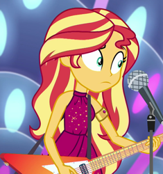 Size: 1014x1080 | Tagged: safe, screencap, sunset shimmer, human, equestria girls, equestria girls specials, g4, my little pony equestria girls: better together, my little pony equestria girls: spring breakdown, bare shoulders, cropped, cruise outfit, electric guitar, guitar, microphone, musical instrument, sleeveless, solo