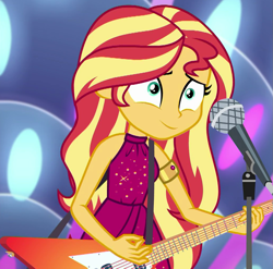 Size: 1031x1017 | Tagged: safe, screencap, sunset shimmer, human, equestria girls, equestria girls specials, g4, my little pony equestria girls: better together, my little pony equestria girls: spring breakdown, bare shoulders, cropped, cruise outfit, electric guitar, guitar, microphone, musical instrument, sleeveless, solo