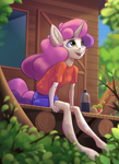 Size: 1448x2000 | Tagged: safe, artist:kittytitikitty, sweetie belle, unicorn, anthro, unguligrade anthro, g4, breasts, clothes, cute, diasweetes, female, forest, open mouth, sitting, solo, treehouse