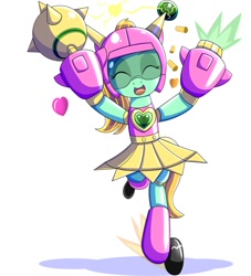 Size: 1818x2000 | Tagged: safe, artist:trackheadtherobopony, oc, oc only, oc:goldheart, pony, robot, robot pony, bipedal, clothes, electricity, heart, helmet, morning star, shooting, simple background, skating, skirt, solo, weapon, white background
