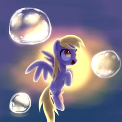 Size: 1200x1200 | Tagged: safe, artist:andromedasparkz, derpy hooves, pegasus, pony, g4, bubble, cute, derpabetes, female, flying, mare, open mouth, solo
