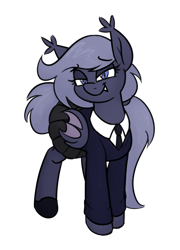 Size: 796x1104 | Tagged: safe, artist:moonatik, oc, oc only, oc:selenite, bat pony, pony, bat pony oc, clothes, fangs, female, looking at you, mare, necktie, ponytail, school uniform, schoolgirl, shoes, simple background, skirt, smug, solo, sweater, tail, tail bun, teenager, tights, transparent background, younger