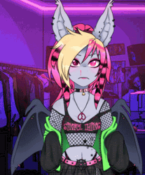 Size: 354x427 | Tagged: safe, artist:b(r)at, oc, oc only, oc:batty bliss, bat pony, anthro, animated, blood, clothes rack, nosebleed, scene queen, solo, vtuber