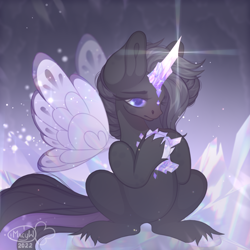 Size: 1154x1152 | Tagged: safe, artist:macyw, oc, oc only, butterfly, pony, 2022, crystal, cute, horn, shiny, solo, violet eyes, wings