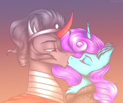 Size: 2092x1748 | Tagged: safe, artist:darklight1315, king sombra, oc, oc:starless tundra, crystal pony, pony, unicorn, fallout equestria, the crystal empire 10th anniversary, g4, eyes closed, fallout equestria: dark delirium, kiss on the lips, kissing