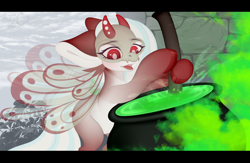 Size: 1280x832 | Tagged: safe, artist:macyw, oc, oc only, butterfly, moth, mothpony, original species, pony, cauldron, commission, curse, cute, horns, magic, original art, original character do not steal, red eyes, render, shading, skull, sky, solo, spell, tribal, white pupils, wings, witch