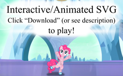 Size: 1600x1000 | Tagged: safe, artist:favitwink, pinkie pie, crystal pony, earth pony, pony, the crystal empire 10th anniversary, g4, .svg available, 60 fps, animated, animated at source, better version at source, bipedal, closed mouth, crystal castle, crystal empire, crystallized, eyes open, female, full body, hooves in air, hooves up, interactive, link in description, looking up, roller skates, screencap background, show accurate, skates, skating, smiling, solo, spread hooves, svg, vector, y pose