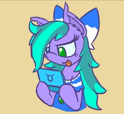 Size: 986x909 | Tagged: safe, artist:silvaqular, oc, oc only, oc:cyanette, earth pony, pony, bow, clothes, confident, dress, gaming, hair bow, nintendo, nintendo ds, solo, tongue out