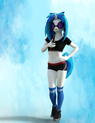 Size: 2800x3624 | Tagged: safe, artist:errantsfm, dj pon-3, vinyl scratch, unicorn, anthro, plantigrade anthro, g4, 3d, alcohol, beer, beer bottle, bottle, clothes, daz studio, female, high res, midriff, shoes, shorts, sneakers, socks, solo, vinyl's glasses