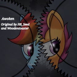 Size: 1654x1654 | Tagged: safe, artist:taeko, rainbow dash, scootaloo, pegasus, pony, fanfic:rainbow factory, g4, 2022, absentia, abstract background, awoken, duo, factory scootaloo, fanfic art, female, filly, foal, gears, mare, rainbow factory dash