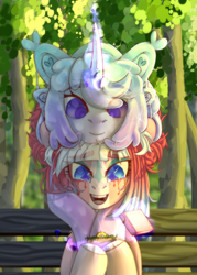 Size: 2500x3500 | Tagged: safe, artist:medkit, oc, oc only, oc:star moonlight, oc:strawberry madness, earth pony, goo, goo pony, original species, pony, unicorn, bench, big eyes, couple, crying, duo, eyes open, forest, forest background, four ears, happy, high res, horn, jewelry, love, marriage proposal, open mouth, paint tool sai 2, park, park bench, ring, sketch, slime, tears of joy
