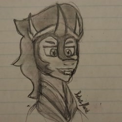 Size: 2068x2069 | Tagged: safe, artist:lotusflare, king sombra, pony, unicorn, the crystal empire 10th anniversary, fangs, male, pencil drawing, smiling, solo, stallion, traditional art