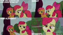 Size: 4400x2475 | Tagged: safe, edit, edited screencap, editor:quoterific, screencap, apple bloom, babs seed, earth pony, pony, apple family reunion, g4, season 3, apple, apple tree, female, filly, foal, tree