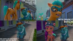 Size: 4400x2475 | Tagged: safe, edit, edited screencap, editor:quoterific, screencap, hitch trailblazer, sunny starscout, toots, earth pony, pony, g5, have you seen this dragon?, my little pony: make your mark, my little pony: make your mark chapter 2, spoiler:my little pony: make your mark chapter 2, spoiler:mymc02e08, female, male, mare, stallion