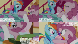 Size: 4400x2475 | Tagged: safe, edit, edited screencap, editor:quoterific, screencap, pinkie pie, rainbow dash, earth pony, pegasus, pony, 28 pranks later, g4, bed, betrayal, cookie zombie, dialogue, duo, hypocrisy, lies