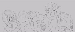 Size: 3840x1629 | Tagged: safe, artist:dtcx97, earth pony, pegasus, pony, unicorn, monochrome