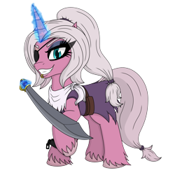Size: 2800x2800 | Tagged: safe, artist:terton, derpibooru exclusive, oc, oc only, oc:rose thorn, pony, unicorn, 2023 community collab, derpibooru community collaboration, belt, blue eyes, clothes, coat, cutlass, eyepatch, female, full body, glowing, glowing horn, high res, horn, lip piercing, magic, mare, neckerchief, piercing, pink fur, pink mane, pirate, ponytail, scar, shackles, simple background, solo, sword, tail, tattered, torn clothes, transparent background, unicorn oc, unshorn fetlocks, weapon