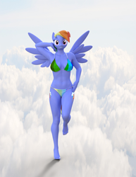 Size: 2800x3624 | Tagged: safe, artist:errantsfm, rainbow dash, pegasus, anthro, plantigrade anthro, g4, 3d, bikini, breasts, busty rainbow dash, clothes, cloud, daz studio, female, grin, high res, smiling, solo, spread wings, standing, standing on one leg, swimsuit, wings