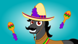 Size: 7680x4320 | Tagged: safe, artist:moonlight bloom, king sombra, pony, unicorn, the crystal empire 10th anniversary, g4, .svg available, absurd resolution, clothes, dark magic, facial hair, gradient background, king sombrero, looking at you, magic, magic aura, male, maracas, moustache, musical instrument, poncho, smiling, solo, sombrero, stallion, svg, vector