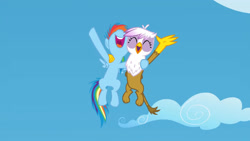 Size: 3072x1727 | Tagged: safe, screencap, gilda, rainbow dash, griffon, pegasus, pony, g4, season 5, the lost treasure of griffonstone, ^^, cute, dashabetes, duo, duo female, eyes closed, female, filly, filly rainbow dash, flying, gilda is amused, gildadorable, high res, looking up, nose in the air, open mouth, open smile, smiling, spread wings, volumetric mouth, wings, younger