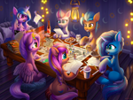 Size: 5000x3750 | Tagged: safe, artist:atlas-66, autumn blaze, hitch trailblazer, izzy moonbow, misty, pipp petals, sunny starscout, zipp storm, earth pony, pegasus, pony, unicorn, g5, my little pony: a new generation, absurd file size, alcohol, beer, beer can, book, colored wings, cookie, cup, dungeons and dragons, eyebrows, female, folded wings, food, glowing, glowing horn, grin, group, horn, lantern, magic, magic aura, male, mane five (g5), mare, multicolored wings, open mouth, open smile, pen and paper rpg, pencil, plate, royal sisters (g5), rpg, sextet, siblings, signature, sisters, sitting, smiling, smoothie, stallion, straw, string lights, table, telekinesis, wall of tags, wings