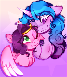 Size: 713x813 | Tagged: safe, artist:esmeia, izzy moonbow, pipp petals, pegasus, pony, unicorn, g5, blushing, eye clipping through hair, female, heart, lesbian, looking at each other, looking at someone, mare, one eye closed, ship:moonpetals, shipping, smiling, smiling at each other, smirk