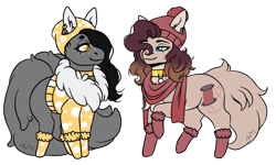 Size: 3017x1809 | Tagged: safe, artist:malinraf1615, oc, oc only, oc:foxy, oc:ren, earth pony, pony, 2023 community collab, derpibooru community collaboration, beanie, bedroom eyes, boots, chest fluff, chibi, choker, clothes, collar, duo, ear piercing, earring, female, freckles, fur coat, gloves, hair over one eye, hat, jewelry, looking at each other, looking at someone, mare, piercing, raised hoof, scarf, shoes, simple background, socks, transparent background